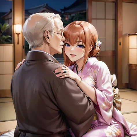 The woman is holding a baby、((Highest quality)), ((masterpiece)), (detailed), （Perfect Face）、The woman is Maya Cordelia, with medium-long orange hair, a gorgeous and glittering kimono, her hair tied in a Japanese style, and an engagement ring.、The woman is...