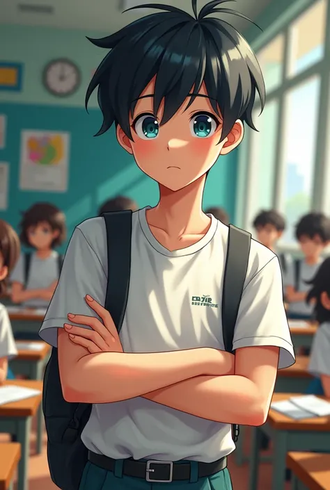 boy, black hair with bangs, blue eyes, weraing a school uniform, standing, hot, in the class, folding arms, background class,flying hairs, tall, student, male, no expression, big