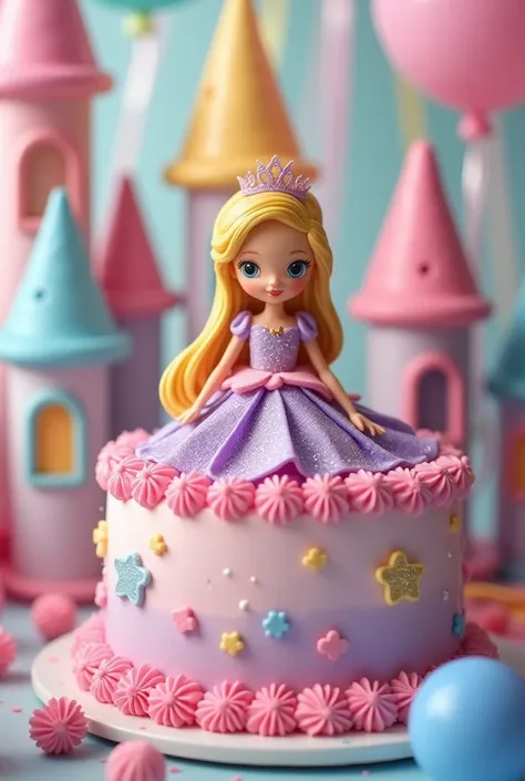 Princess cake, with a princess sitting on top, for a kindergarten birthday , with a castle