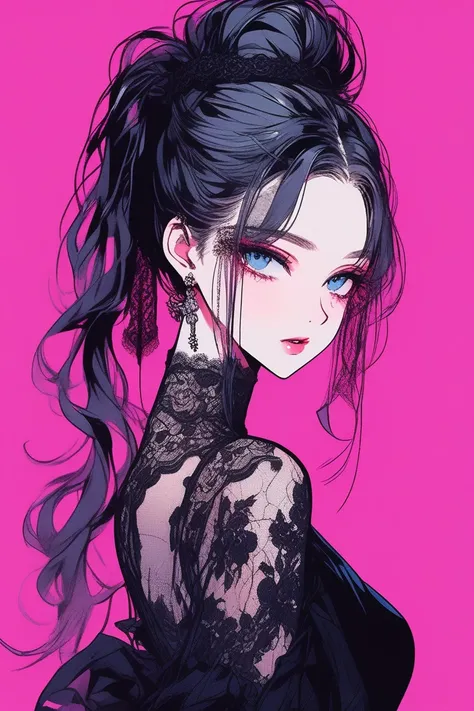 Illustrator, anime , Realistic ,sketch , 1 person, model, lip, A sheer, gothic black high-slit dress with lots of lace.., Delicate lace blind, Delicate lace covering the eyes, Delicate lace black blind, order, Blue and pink gradient background, Neon-colore...