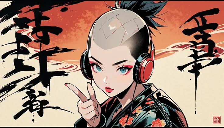 (((Ink Painting))), (((from above))), (((1 female))), (((Leather jacket with Japanese patterns))), (((Mohawk))), (((Very flashy makeup))), (((Finger guns))), Japanese style headphones, face close-up, front view, Japan人の美少女, Black Hair, Delicate and precise...