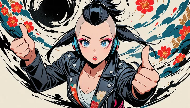 (((Ink Painting))), (((from above))), (((1 female))), (((Leather jacket with Japanese patterns))), (((Mohawk))), (((Very flashy makeup))), (((Finger guns))), Japanese style headphones, face close-up, front view, Japan人の美少女, Black Hair, Delicate and precise...