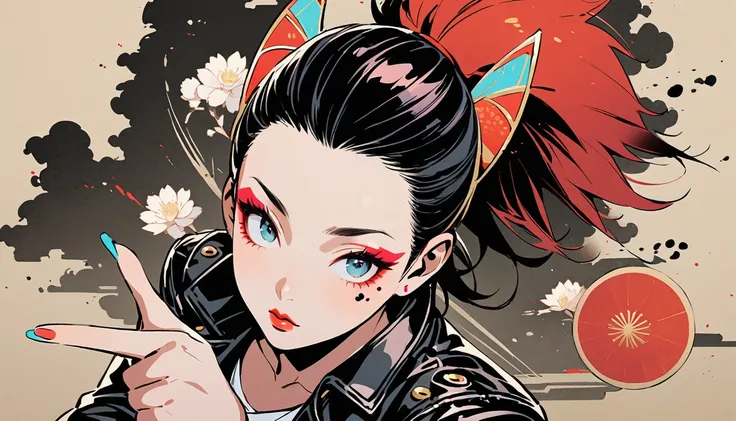 (((Ink Painting))), (((from above))), (((1 female))), (((Leather jacket with Japanese patterns))), (((Mohawk))), (((Very flashy makeup))), (((Finger guns))), Japanese style headphones, face close-up, front view, Japan人の美少女, Black Hair, Delicate and precise...