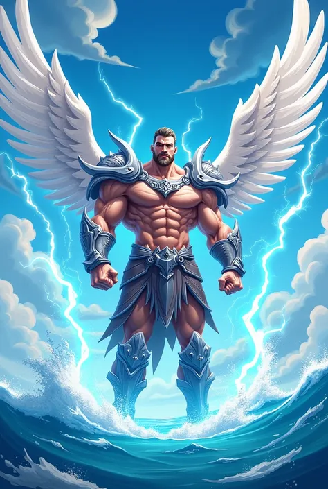 Cartoon of energetic muscular warrior with long white wings, wearing an heavy armor ,surrounded buy blue and white electricity , background is blue with clouds at top and ocean at the bottom