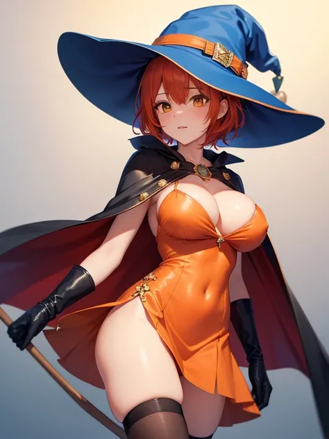 Witch on a broom,(orange dress:1.2),Orange on the inside blue on the outside cape,orange mini skirt,Leather gloves,red hair,Open chest,black Knee-high socks,(blue hat:1.4),Big breasts