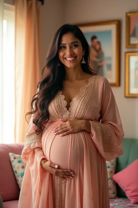 A beautiful bhabhi pregnant with an extremely big belly and smiling