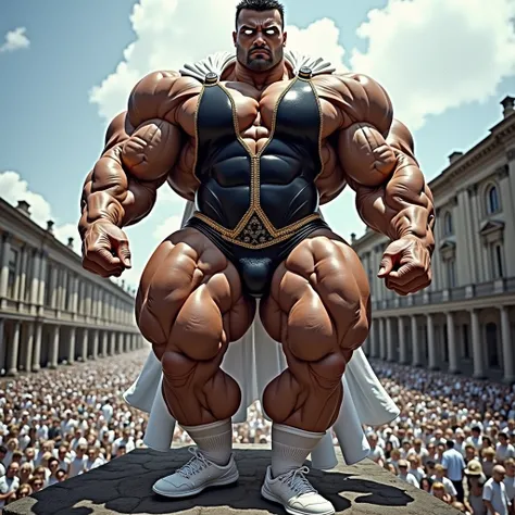 He has enormous muscles, muscles so big they make his head look small compared to his body. The muscles of his shoulders are so big and inflated that they seem to surround his head and make it look small. His legs are more muscular and enormous, They are t...