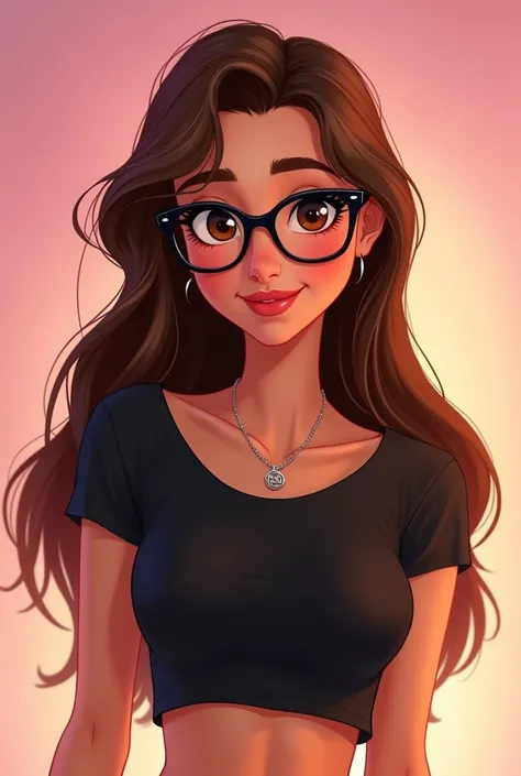 I want you to make a Disney style drawing, of a brunette woman with long, flowing hair, com olhos castanhos, wearing black glasses. She is wearing a simple black crop top and a simple silver necklace.. 8k illustration and pastel pink background
