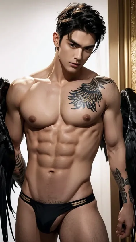 Muscler handsome man, bare body, perfect face, sexy eyes, black hair, perfect body, smooth body, big chest, big golden wings on his back, tattoos on his whole chest and shoulders. A sexy look on his face which is captivating and enchanting. 