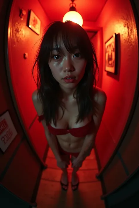 , watch the viewer, real, one girl, small face, , cowboy shot, (fisheye), narrow and dirty room, cotton panties, Japan old red light district, (((prostitute)), ((night)),