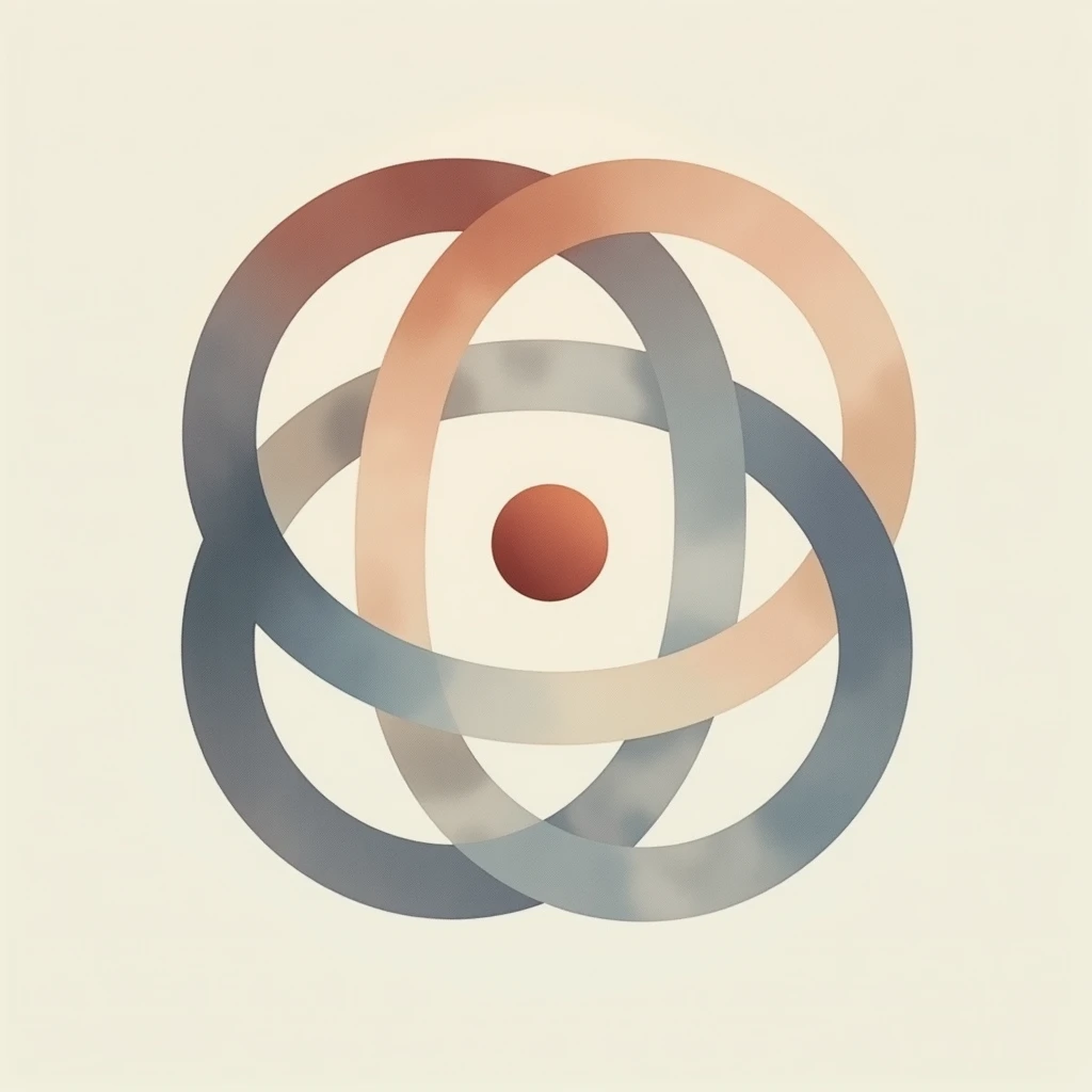 Create an abstract, minimalist symbol, which represents the three-planet problem in celestial mechanics. Verwende interlockinge Kreise, to the complex, chaotic orbits of the three planets under the influence of their mutual gravitation. The circles should ...