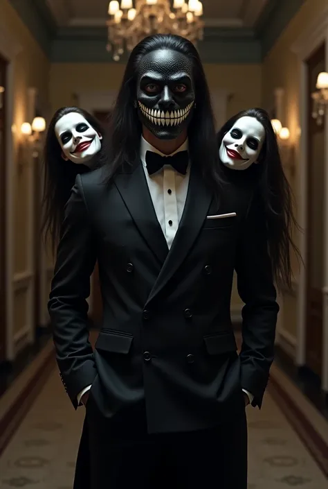 Tall man in an elegant black suit, with a black colored mask with a white demonic smile and white cyclone eyes, Long hair, with 2 faces on each shoulder that come from another dimension 