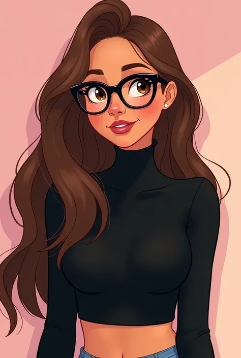 I want you to make a Disney style drawing, of a brunette woman with long, flowing hair, com olhos castanhos, wearing black glasses. She is wearing a black turtleneck crop top.. 8k illustration and pastel pink background
