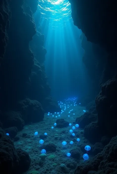 The camera dives deeper into the ocean, where it’s almost pitch black, except for the occasional glimmer from bioluminescent creatures.