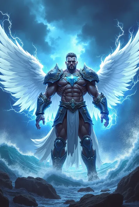 Cartoon of energetic muscular warrior with long white wings at center of image, wearing an heavy armor , surrounded buy circular blue and white electricity, full body visible at the center of image, 10 percent border of the image match with warrior armour,...