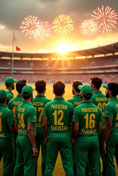 A picture of 13 players of a cricket team who are standing towards the crowd wearing Pakistani shirts is written on the back of their shirts Ishar Hamza Irshad Asadullah Muzamil Rana Sanu Adeel Zain Ali Samiullah Malik Wasim Rana Adeel Mosam Razzaq Shows W...