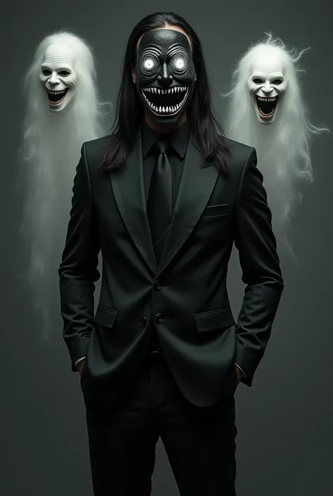 Tall man in an elegant black suit, with a black colored mask with a white demonic smile and white cyclone eyes, Long hair, with 2 smiles on each shoulder that come from other dimensions in the form of static 