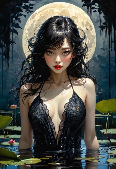 thin, sexy girl, very long brown hair, Korean features, magic, moon, stuck in the water of a swamp with funny demons,transparent sexy black nightdress,, little demons, water lilies,(best quality , masterpiece, ultra detailed, illustration: 1.2), (8K wallpa...