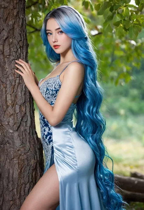 20 years old young girl with blue and white hair , long flowing blue hair, very long wavy azure blue hair, long blue hair, beautiful woman with blue hair, flowing blue hair, beautiful blue haired girl, pretty girl with blue hair, long azure blue hair, blue...