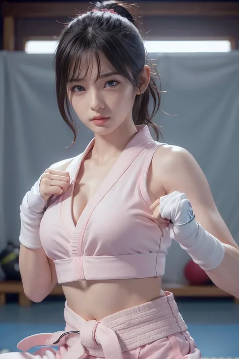 (i can see a sports bra)、(((sexy pink karate uniform)))、female karateka with bangs and ponytail、belly button and lower chest are...