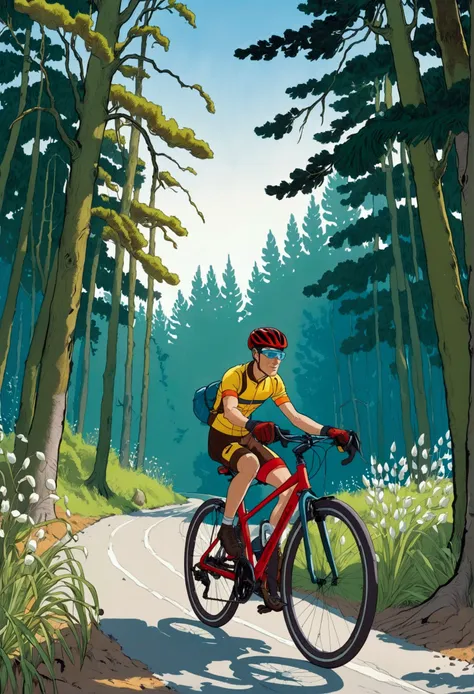 ([negative space:0.8:1.5]), a blue-eyed bicyclist in yellow glasses, a red helmet with a visor, and endura gloves, with right le...