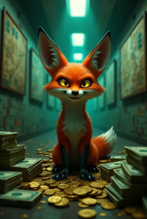 Evil smiling fox in a bunker full of money. 