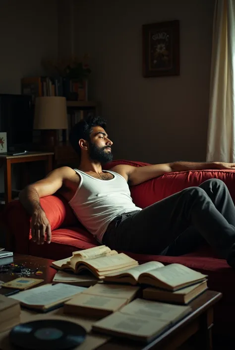 A young Indian man with beard lies back side 
 a worn-out red sofa in a dimly lit room. His right arm is stretched over a cluttered coffee table filled with remnants of a late-night session—books, vinyl records, empty plates, and scattered notes. The scene...