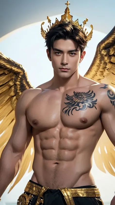 Muscler handsome man with golden colour wings, wearing a big gold crown, bare body, perfect face, sexy eyes, black hair, perfect body, big chest, tattoos on his whole chest and shoulders. A sexy look on his face which is captivating and enchanting. Strikin...