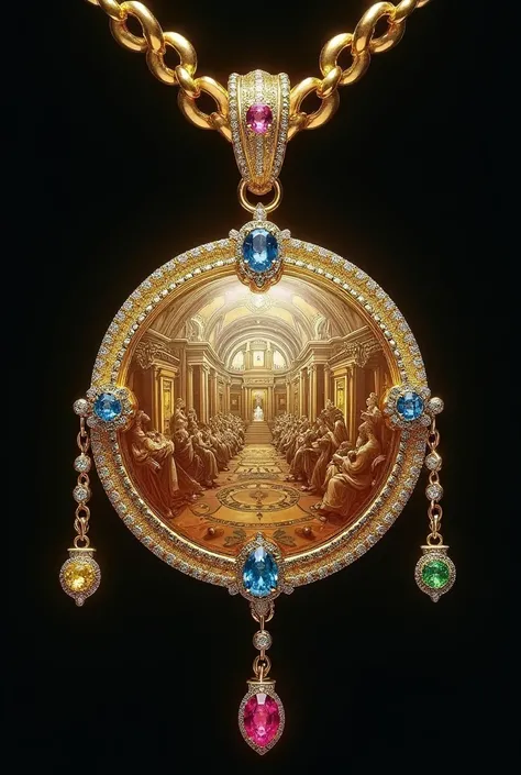 Design sistine chapel into a pendant with gold and colored diamond 