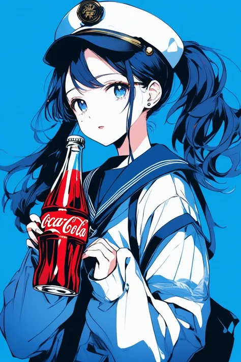 ((masterpiece,Highest quality)), 8k, anime , Realistic ,sketch, anime風のポートレート, 黒猫を連れたanimeの女性, 18-year-old, Blue gradient background, High school girl sailor uniform, Neon Ponytail Hair, lip, Wear headphones, Holding a Coca-Cola bottle, Texture Trim, Canad...