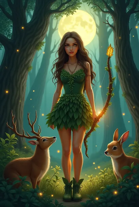 The goddess of the forest, with long wavy hair paired with her yellow eyes and her short green dress, she is holding an a glowing archery stick arrow in her hands, and tanned even skin, with an animal’s around her wearing a heels made of tree branches  ani...