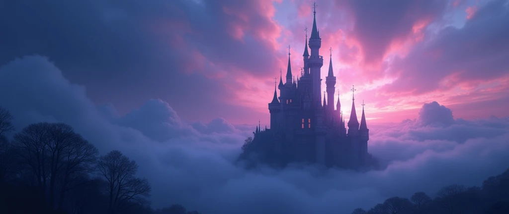 A dark blue and purple and pink sky blurry and some castles blurry dark tone mood