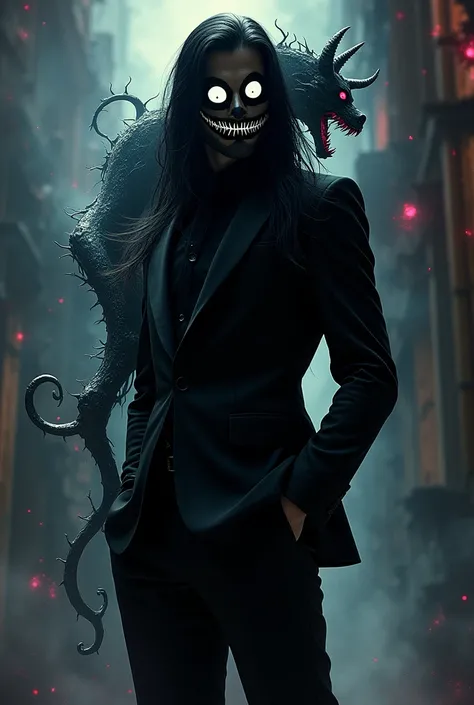 Tall man in an elegant black suit, with a black colored mask with a white demonic smile and white cyclone eyes, Long hair, with a demonic and smiling being on its back in the form of a static, anime version 