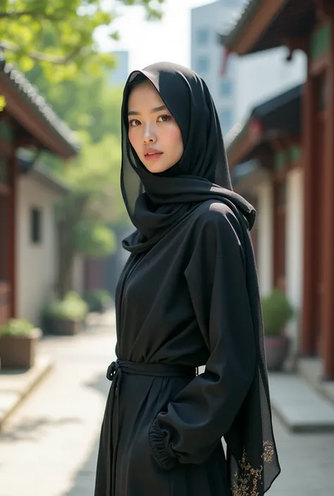 Muslim korean model girl in face veil/niqab covering her face, big boobs, fair skin, eyes are covered 