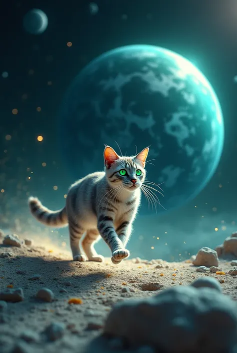 A  beautiful cat running in  moon  and see earth and other planets 