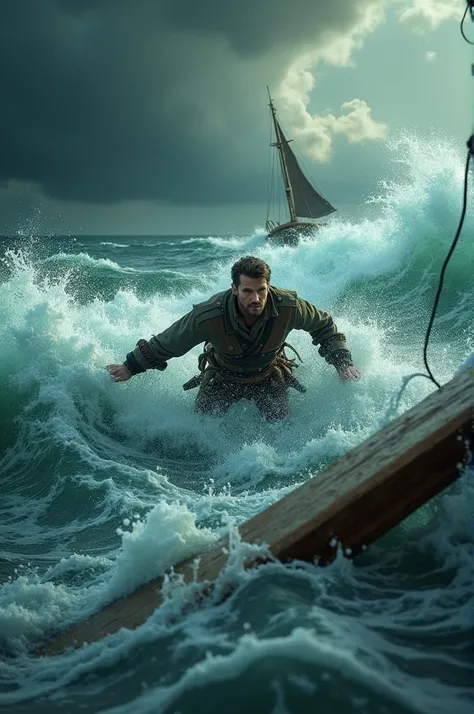 A man suddenly falls into an ancient sea from a boat and the boat sinks but the man try to survive by swimming and he found a wood piece and he climbed on the wood piece. The sea was very turbulent. The video will be 3d animated or fantasy and cinematic.