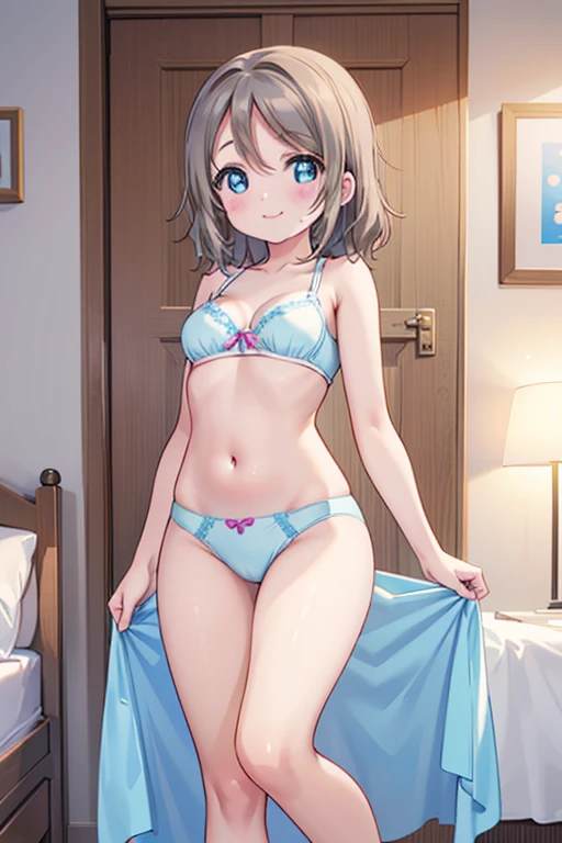 (((Pixel Perfect、Perfect in every detail))), Alone、One Girl、Uranohoshi Girls Academy、 Bedroom、Watch Viewers、smile、sex appeal、Light Blue Bra、Light Blue Panties、Big Breasts、Watanabe You