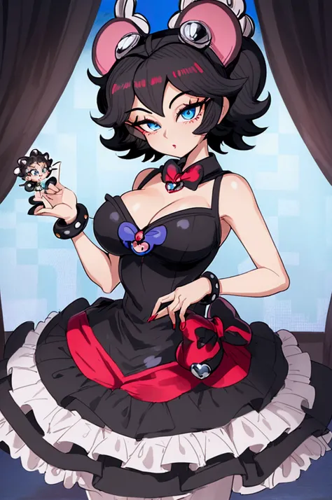 ((Accessories)) ((detailded)) ((well done art)) ((cabelo da Betty Boop)) a woman with short black hair and bright blue eyes, an intimidating gaze, a short black dress, a large bust, dressed in the gyaru Style