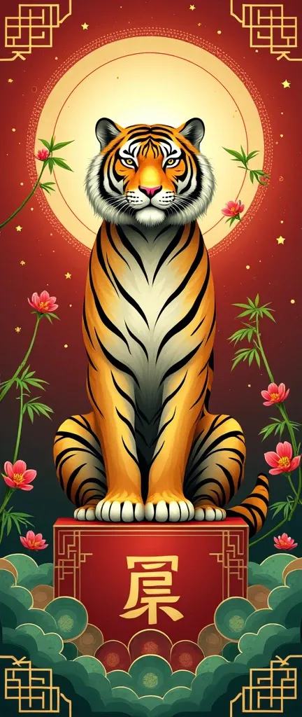 A majestic flat illustration capturing the essence of the Year of the Tiger, a celebratory emblem from the Chinese zodiac. The central figure is a fiercely elegant tiger, rendered in a minimalist yet intricate style that accentuates its power and grace. Th...