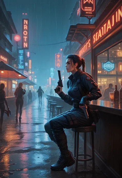 Female Elf. Unbelievably pretty, Shadowrun. Tactical clothing, katana and pistol. runner, big tits, sitting in a bar. neonlights, nighttime, city, rainy
