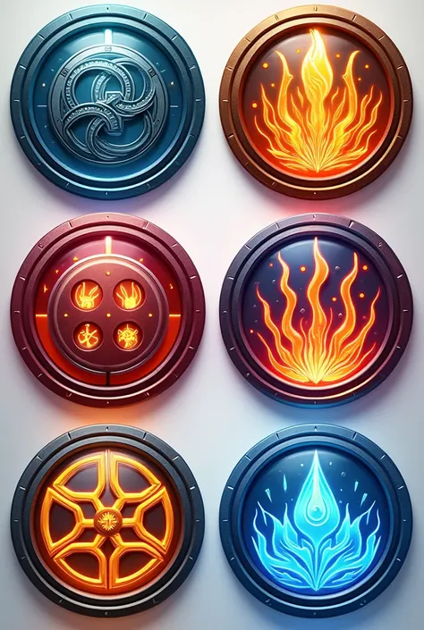 Create a series of circular attribute icons inspired by the Yu-Gi-Oh! style. Each icon should represent the following attributes: Time, Spike, Copy, Wind, Gravity, Barrier, Water, Sun, Fire, Mirror, Void, Crusher, Ice, Crescent, Earth, Levitate, Cure, Nigh...