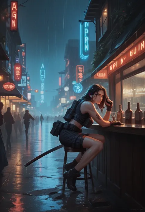 Female Elf. Unbelievably pretty, Shadowrun. Tactical clothing, katana and pistol. runner, big tits, sitting in a bar. neonlights, nighttime, city, rainy 