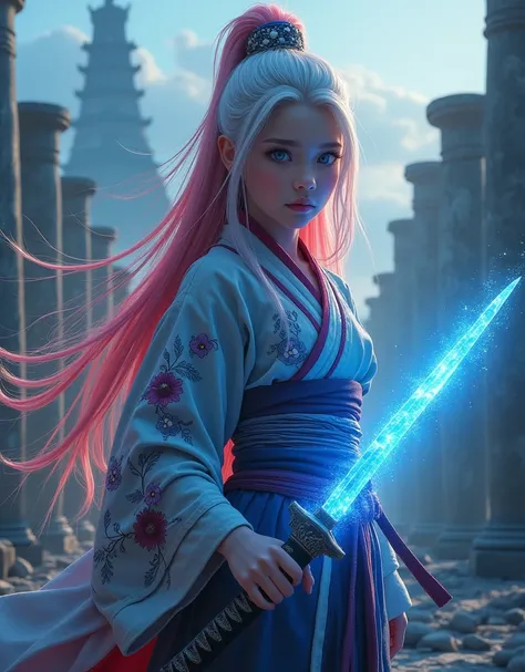 a girl in a japanese samurai outfit holding a katana that emits blue light, bright lilac eyes, long hair of two colors (red and white), evolving in the wind, in the background ancient ruins with broken columns and a tower, clear detailed drawing, all by au...