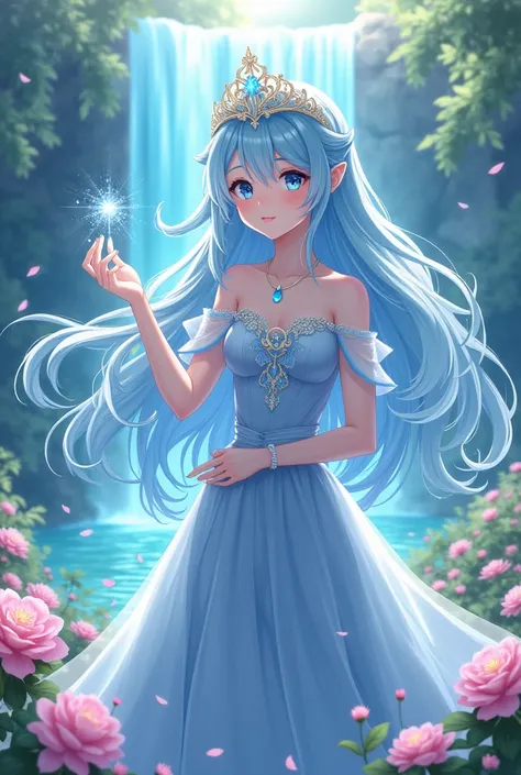 ((best quality)), ((masterpiece)), (detailed), A beautiful princess with light magic and wind magic and also has light-blue hair, and wears a crown on her head, in anime style.