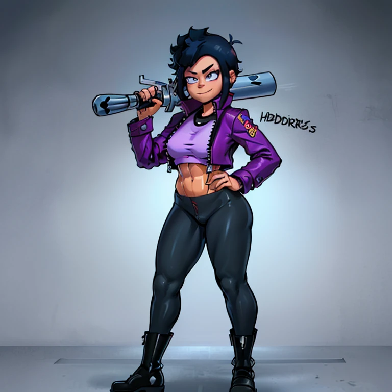 (((My Hero Academia Style))), (((Bibi))), (((Brawl Stars))), (((1girl))), (((female))), (((punk Girl))), (((punk))), (((Wide hips))), (((wide thighs))), (((medium breasts))), (((blue spiked leather jacket))), (((blue leather jacket))), (( (leather jacket w...