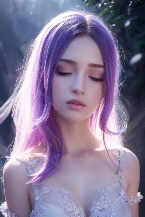 2 ethereal beauties, beautiful detailed eyes, beautiful detailed lips, extremely detailed eyes and face, long eyelashes, porcelain skin, flowing hair, magical affinity, fantasy, dreamlike, glowing aura, radiant light, detailed environment, lush foliage, en...