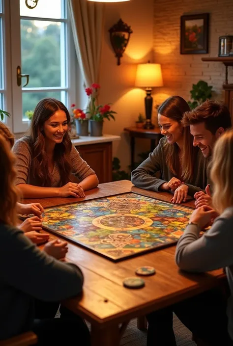 People having fun playing a board game, nice aesthetics, sunset lights