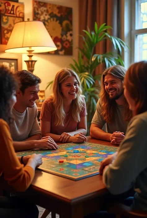 People having fun playing a board game, nice aesthetics, sunset lights