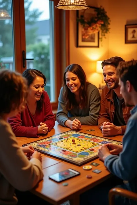 People having fun playing a board game, nice aesthetics, sunset lights