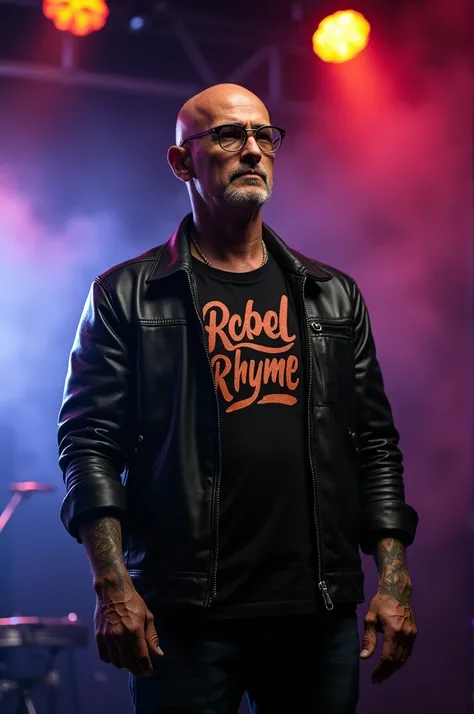 The skinhead rapper, a 50-year-old man wearing glasses, stands on a smoky stage. 